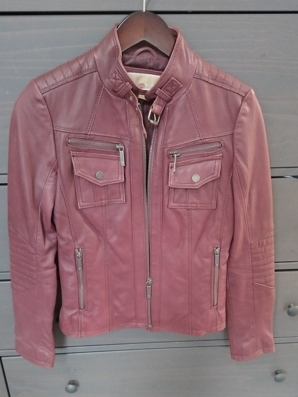 MICHAEL Michael Kors Rose Burgundy Leather Moto Jacket